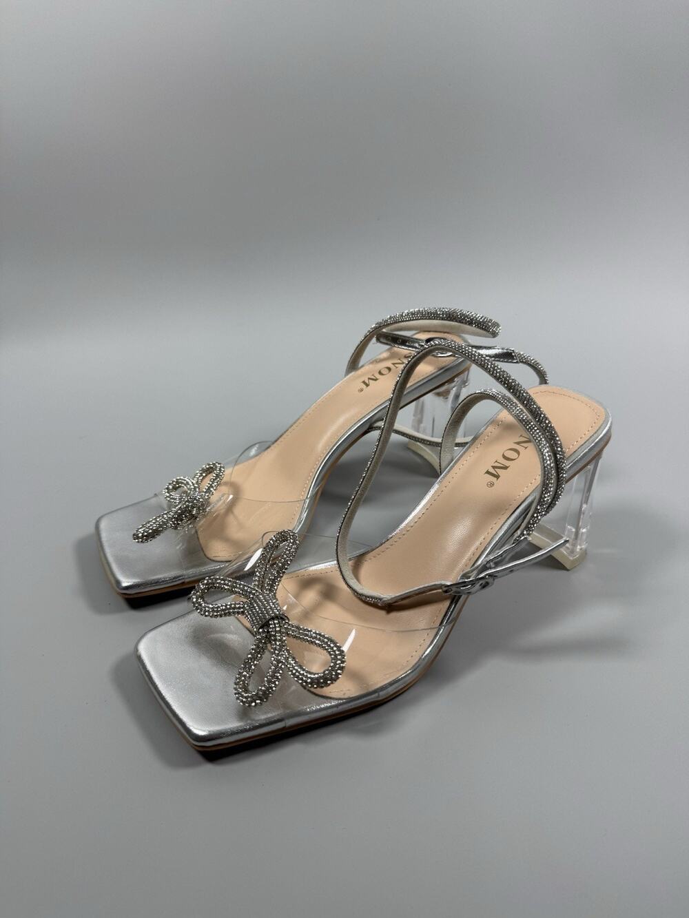 ISNOM Clear Silver Rhinestone Bow Heels Ankle Strap Sandals Womens Size 8